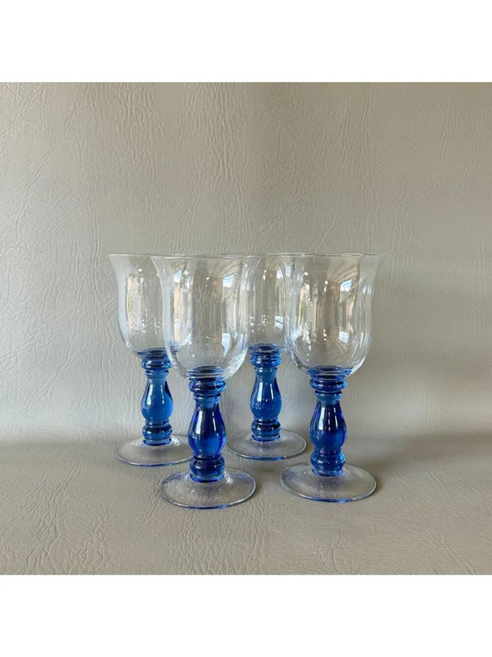 Vintage Royal Blue Stem Wine Glasses Water Goblets Tulip Clear Bowl Set of 4